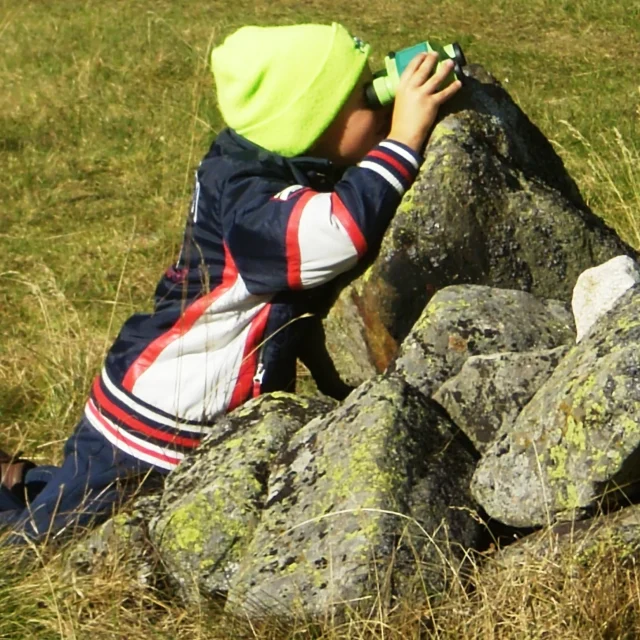 Bambino escursionista osserva cervi con binocolo