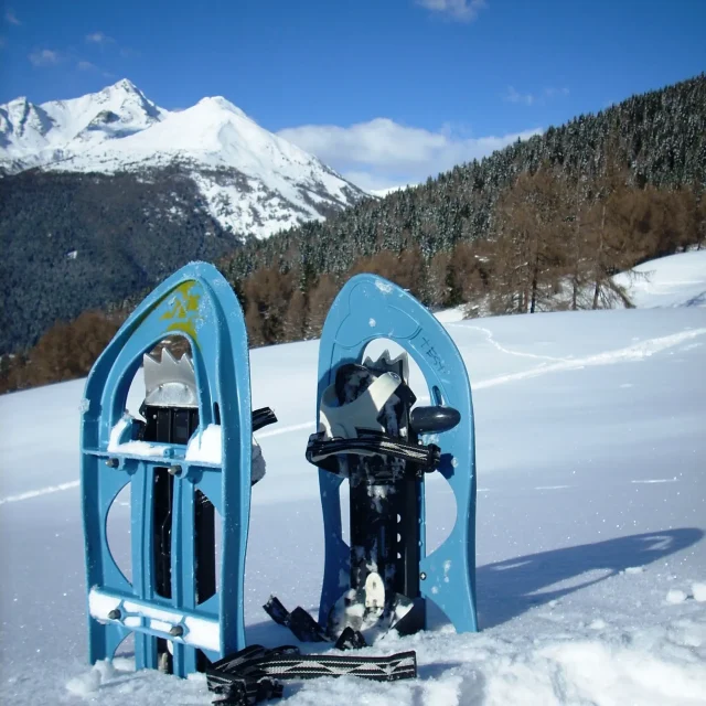 Famiglia in ciaspolata tra neve e boschi